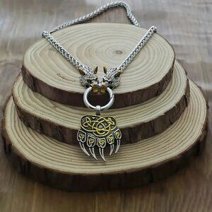 Men's Viking Bear Claw & Wolf Head Pendant Necklace on heavy cable neck chain